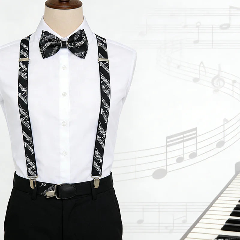 Unisex Y-Shape Suspender Bowtie Set Score Line Music Note Office Casual Braces for Trousers Pants Holder Top Mix Match Women Men