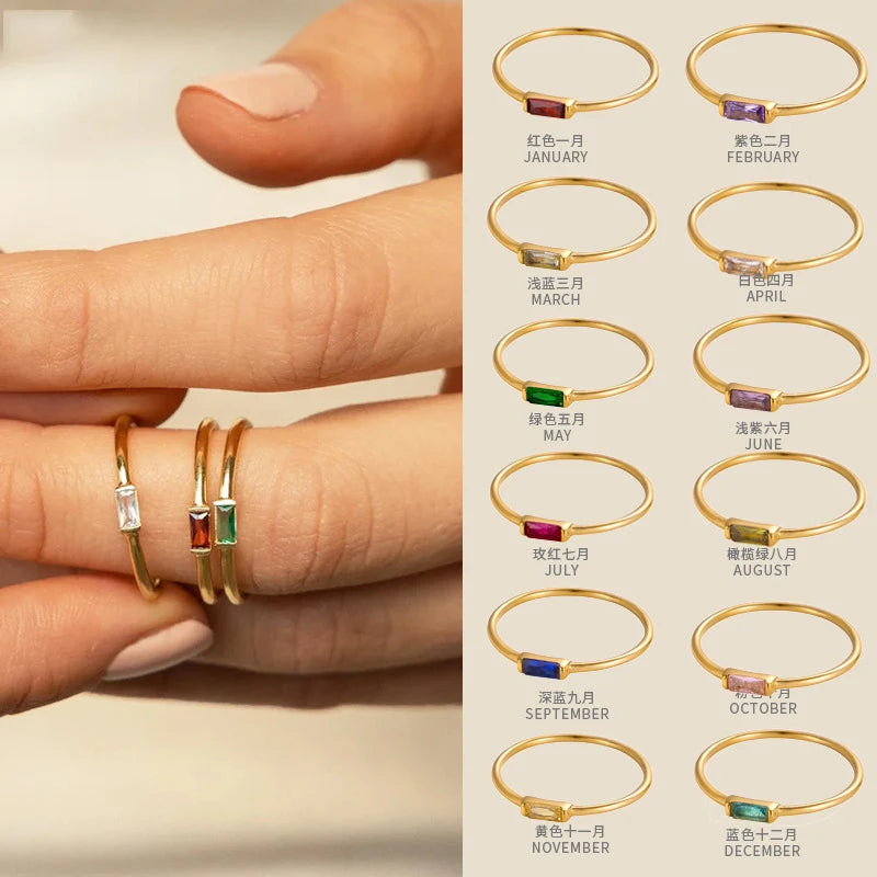 CARLIDANA Mimalist 18K Gold Plated Square Simple Colorful Zircon Stainless Steel 12 Months Birthstone Stackable Ring for Women