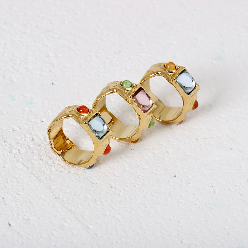New Punk Tide Individuality Retro Geometric Hollowing Inlay Gem Rings SetLiquid State Metal Three-Piece Rings Set Paty Jewelry