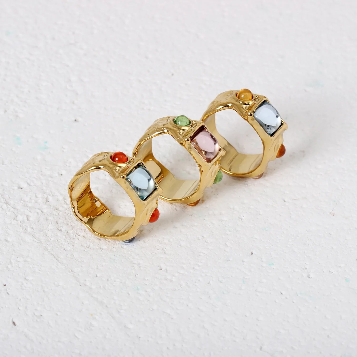 New Punk Tide Individuality Retro Geometric Hollowing Inlay Gem Rings SetLiquid State Metal Three-Piece Rings Set Paty Jewelry