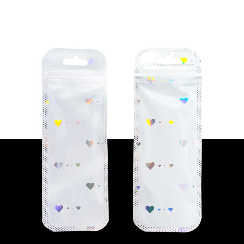50pcs Black White Laser Heart Zipper Bags Jewelry Pouch For Bead Product Small Business Entrepreneurship Packing Material Supply