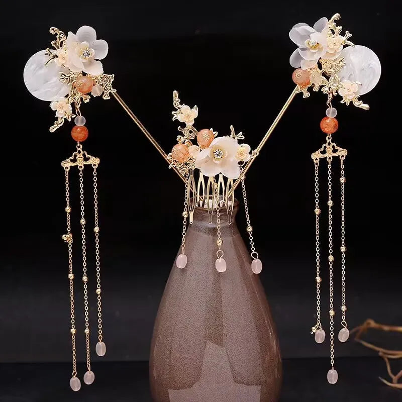 Chinese Hanfu Hairpins Vintage Hair Accessories Long Tassel Flower Hair Stick For Women Traditional Hair Clip Retro Hair Jewelry