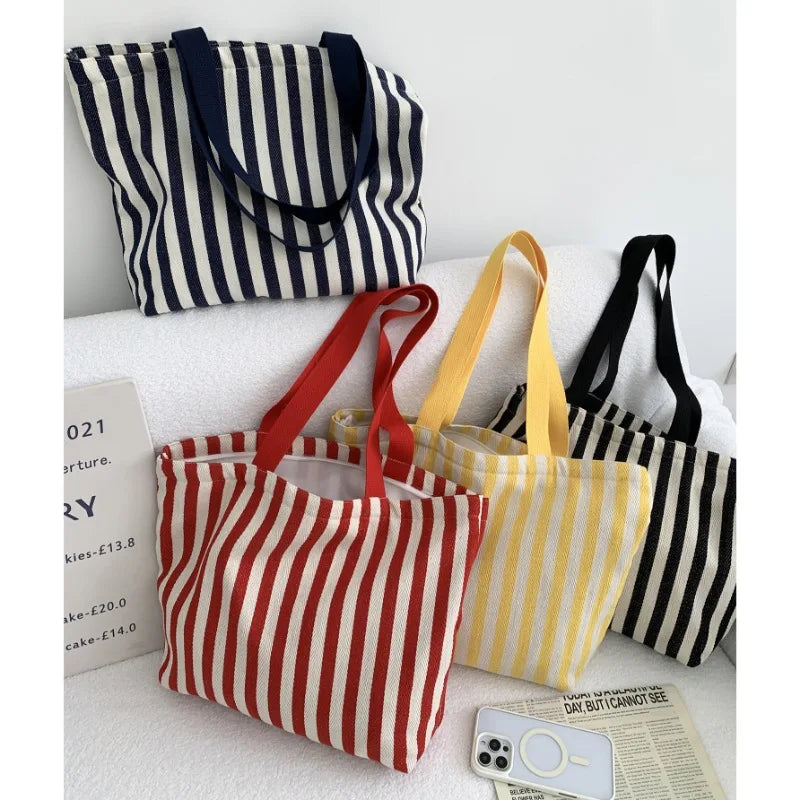 Simple Striped Women's Canvas Casual Shoulder Bags Fashion Large Capacity Ladies Tote Handbags Female Daily Shopping Bags