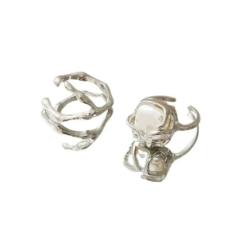 New Irregular Opening Pearl Ring Two-piece Set For Women Fashionable Personalized Daily Accessory Party Jewelry Birthday Gifts