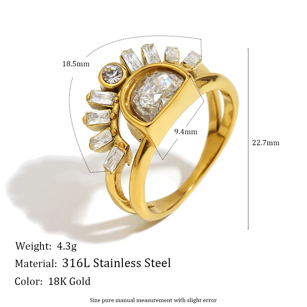E.B.belle Stainless Steel Rhinestone Jewelry Elegant Sun Layer Shaped Ring  Tarnish Free For Women's Gift Party