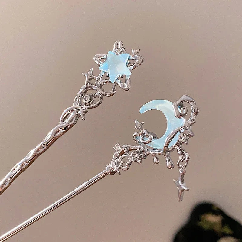 Romantic Moonstone Star Moon Hair Stick Metal Branch Hairpin Fork Chinese Style Hair Accessories for Girls Jewelry