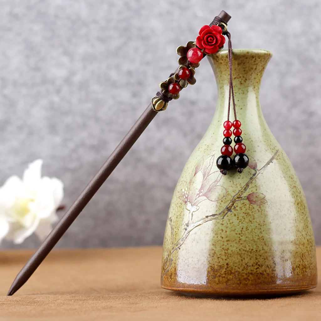 Ethnic Style Hairpin Chinese Hair Stick For Women Tassel Wooden Hair Clasp Chopstick Vinatge Tiara Pearl Floral Hair Bun Jewelry