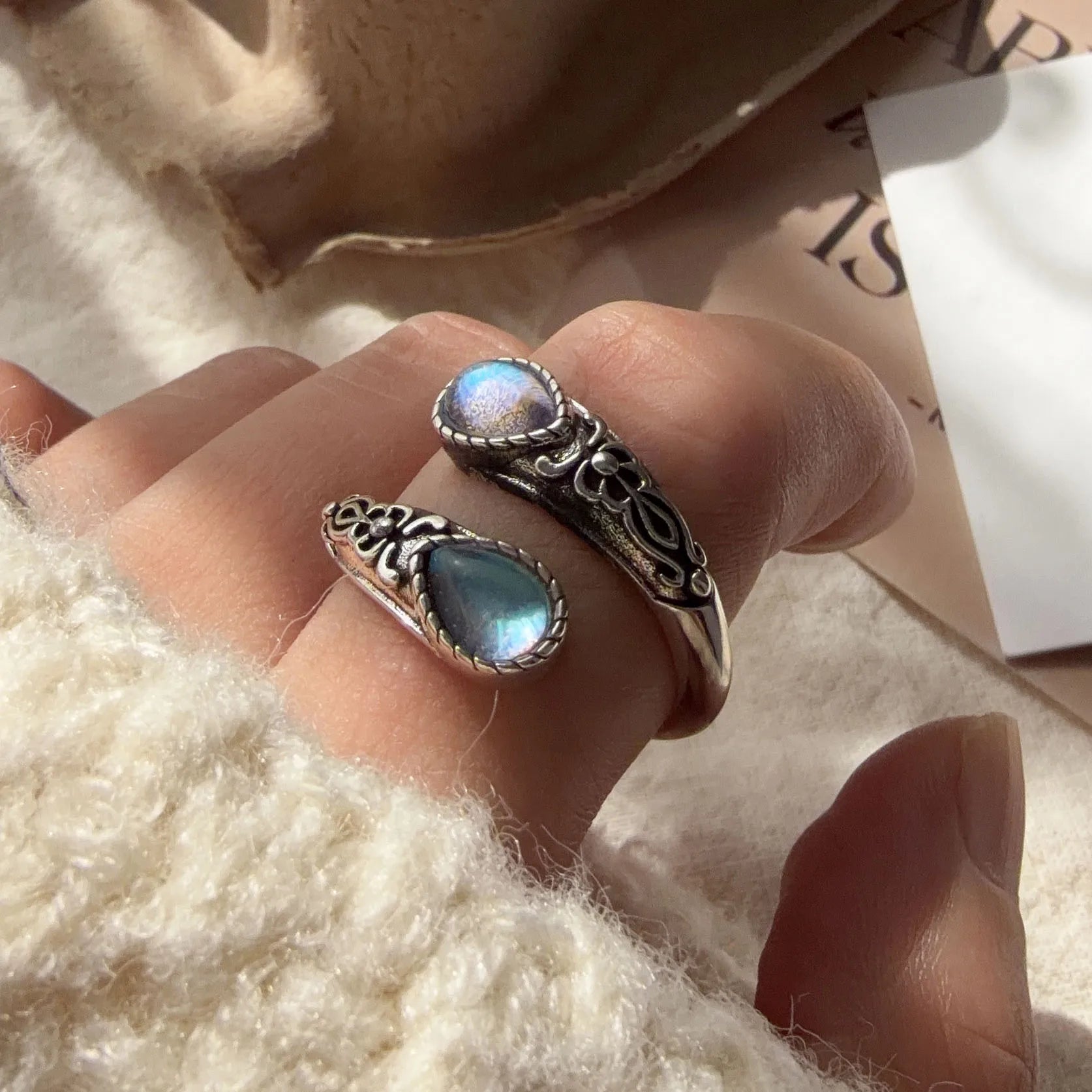 925 Sterling Silver Rings For Women Geometric Fine Jewelry Finger Adjustable Vintage BLue Stone Ring For Party Birthday Gift