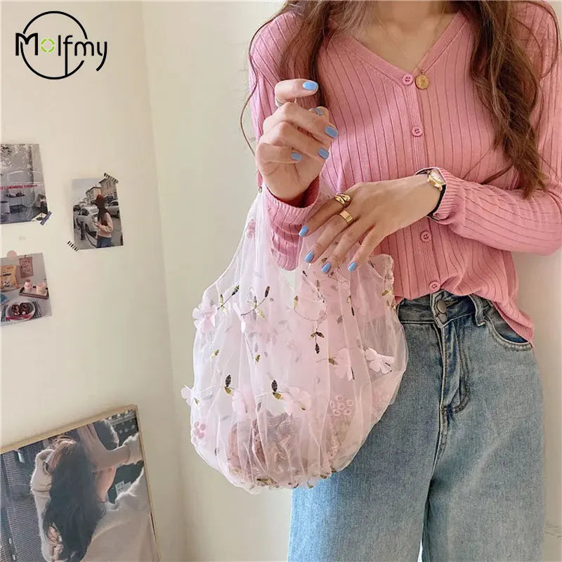 Transparent Women's Bag Silk Mesh Embroidery Flower Designer Luxury Bags Small Fresh Shopping Tote Bag Carteras Para Mujeres