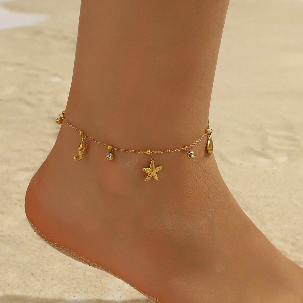 DIEYURO 316L Stainless Steel Classical Elements Starfish Seahorse Shell Pendant Anklets Women Fashion And Leisure Foot Chain