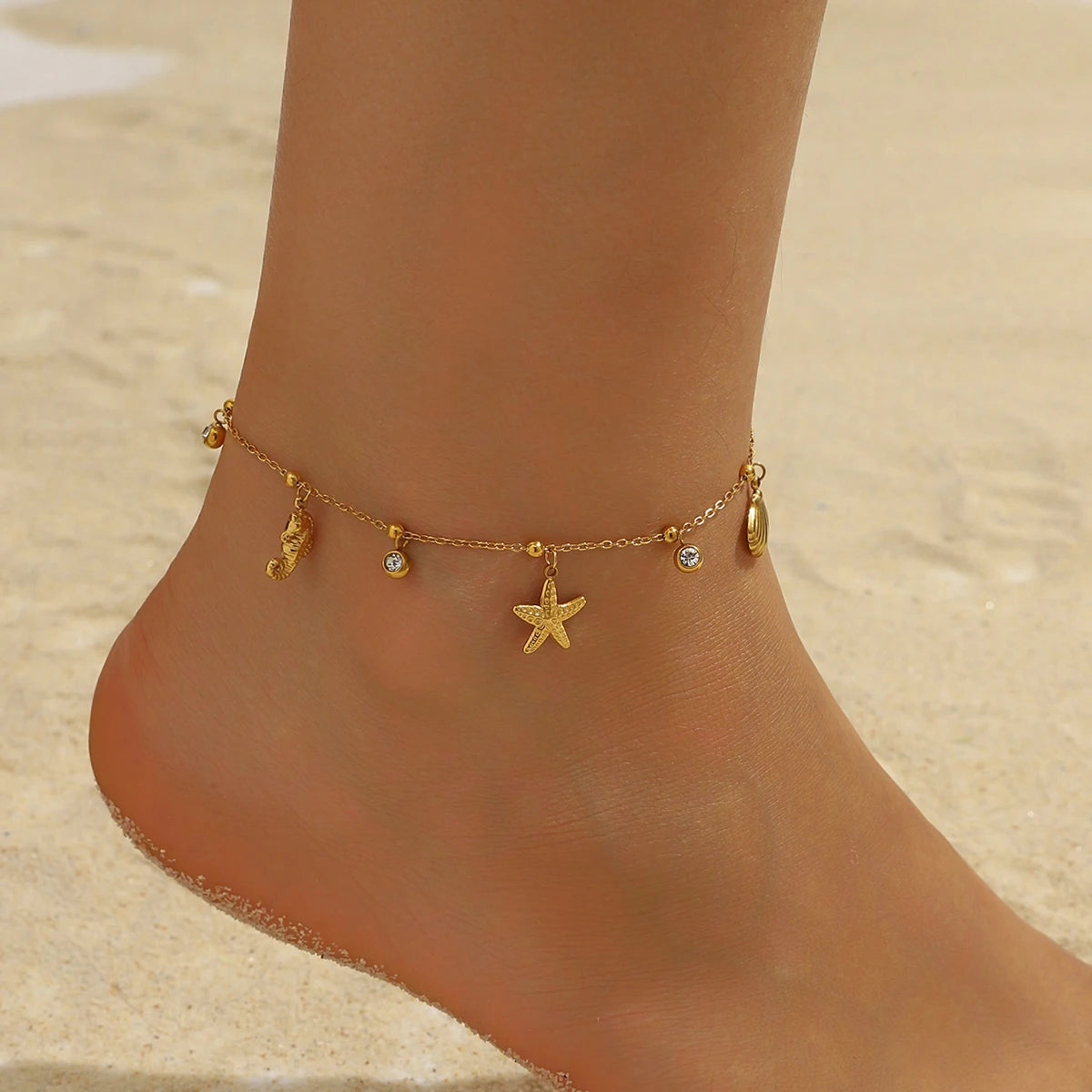 DIEYURO 316L Stainless Steel Classical Elements Starfish Seahorse Shell Pendant Anklets Women Fashion And Leisure Foot Chain