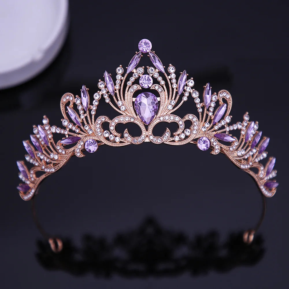 DIEZI Elegant Korean AB Pink Red Crystal Tiara Crown Women Girls Party Wedding Princess Rhinestone Bridal Crown Hair Jewelry