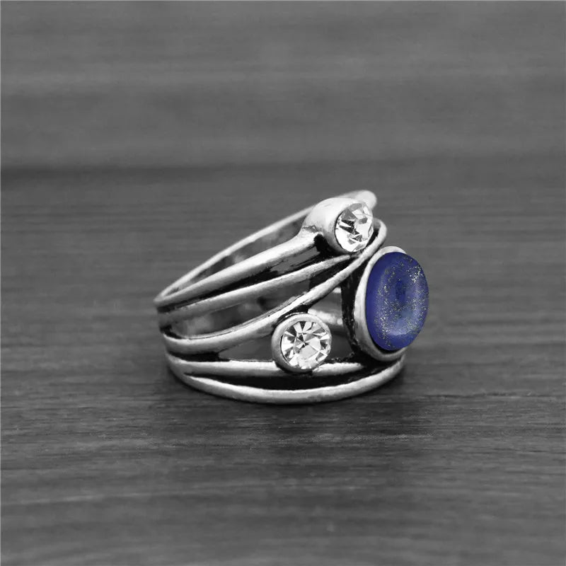 Vintage Look Natural Lapis Lazuli Quartz Rings For Women Antique Silver Plated Plant Crystal Stone Fashion Jewelry