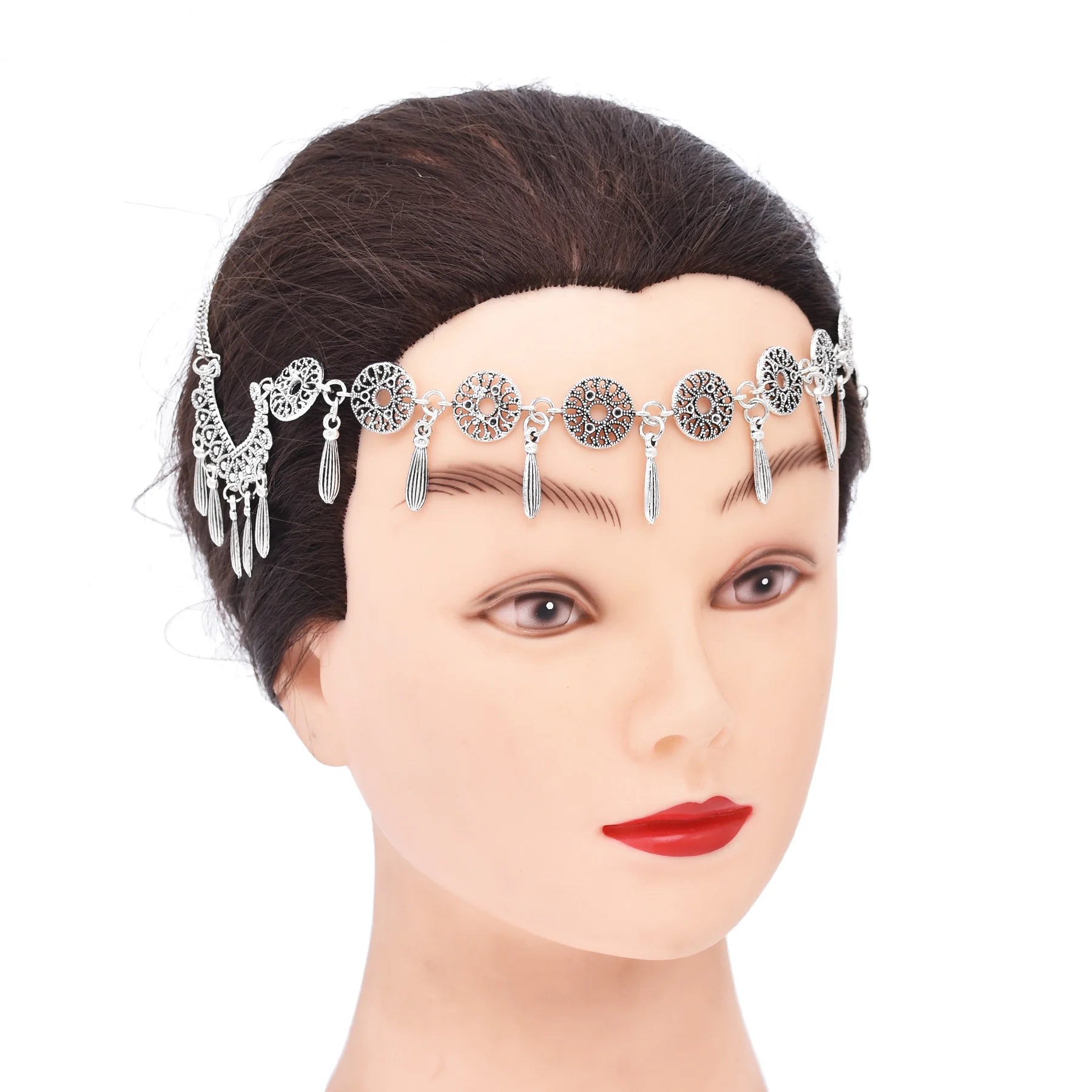 Retro Silvery Alloy Hollow Moon Pendant Forehead Headpiece for Women Boho Ethnic Indian Hippie Party Hair Accessories Jewelry