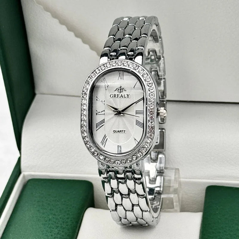 Ladies' Watches Fashionable Luxury Wrist Watch Diamond Encrusted Oval Roman Numeral Dial Quartz Watch Women's Clock