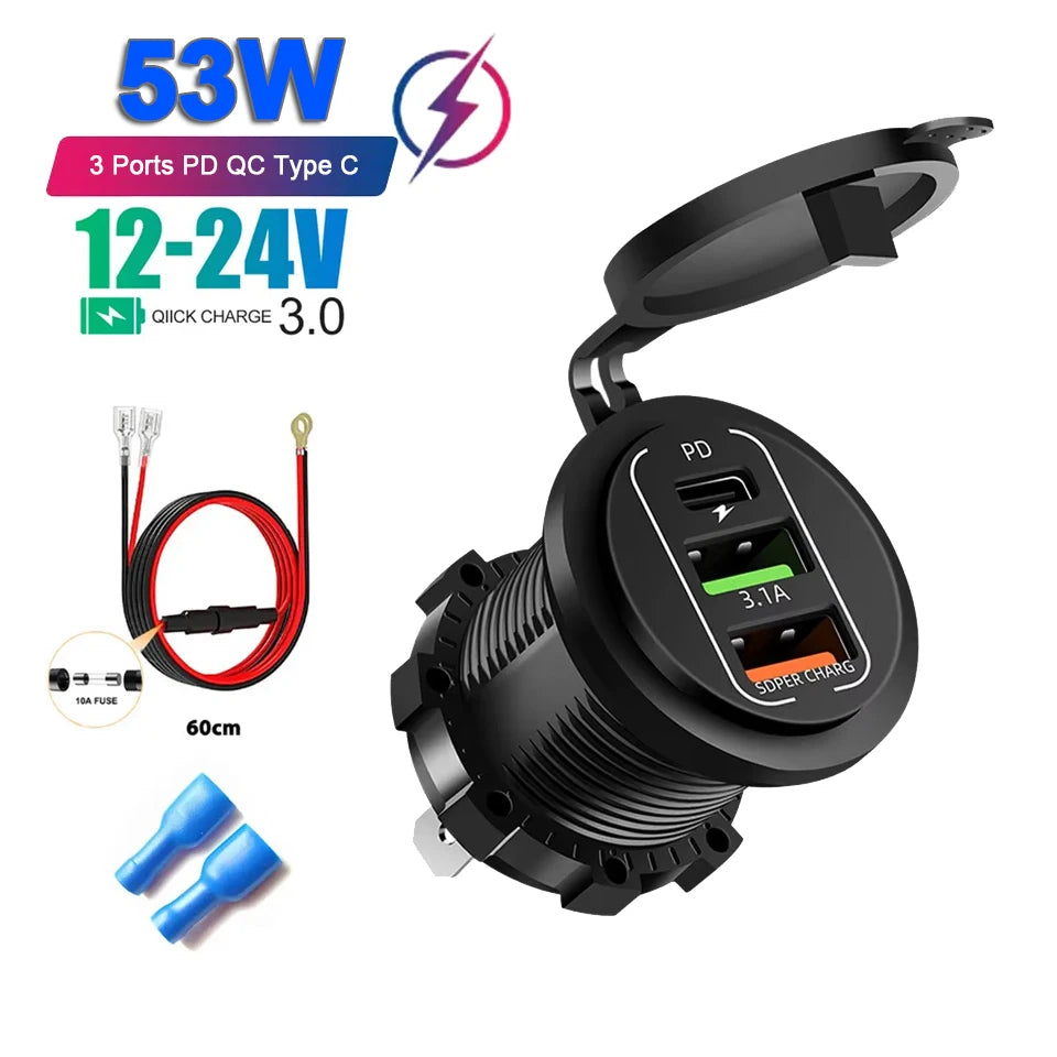 4-Port Car Charger – Dual USB & Type-C Fast Charging with Voltmeter