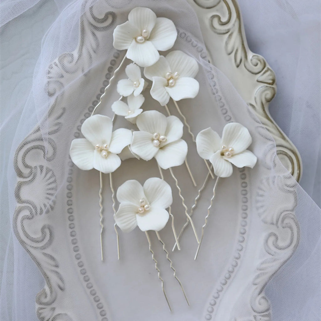 Simple White Ceramic Flowers Hairpins Clips Bridal Hair Clips Pins Wedding Jewelry Women Hair Piece Wedding Hair Accessories