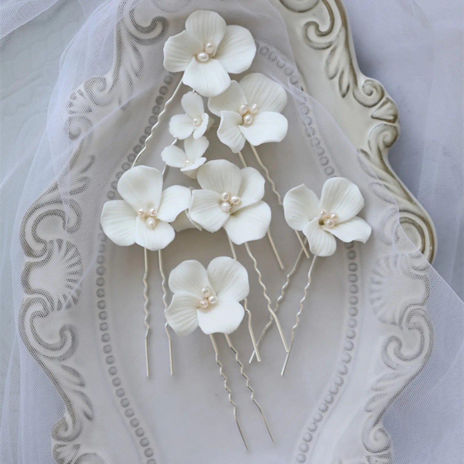 Simple White Ceramic Flowers Hairpins Clips Bridal Hair Clips Pins Wedding Jewelry Women Hair Piece Wedding Hair Accessories
