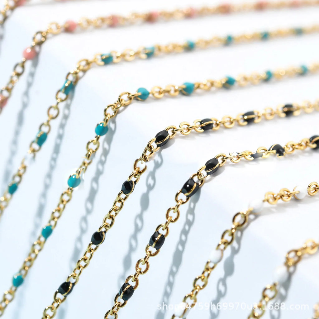 Fashion Colorful Enamel Beads Anklet Gold Color Stainless Steel Chain Anklet Bracelet For Women Summer Beach Foot Jewelry 23cm