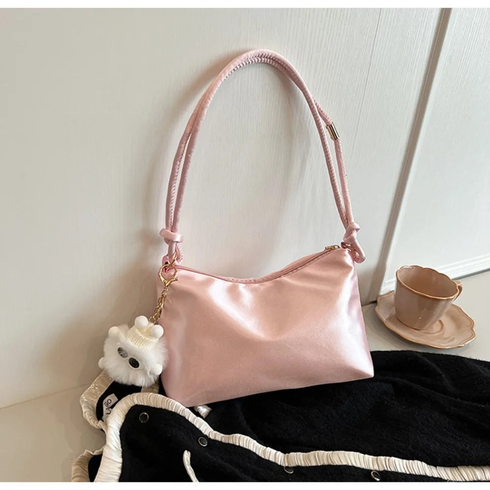 High Quality Solid Color Fashion Elegant Shoulder Bag Smooth Cloth Satin Underarm Bag Leisure Shoulder Bag