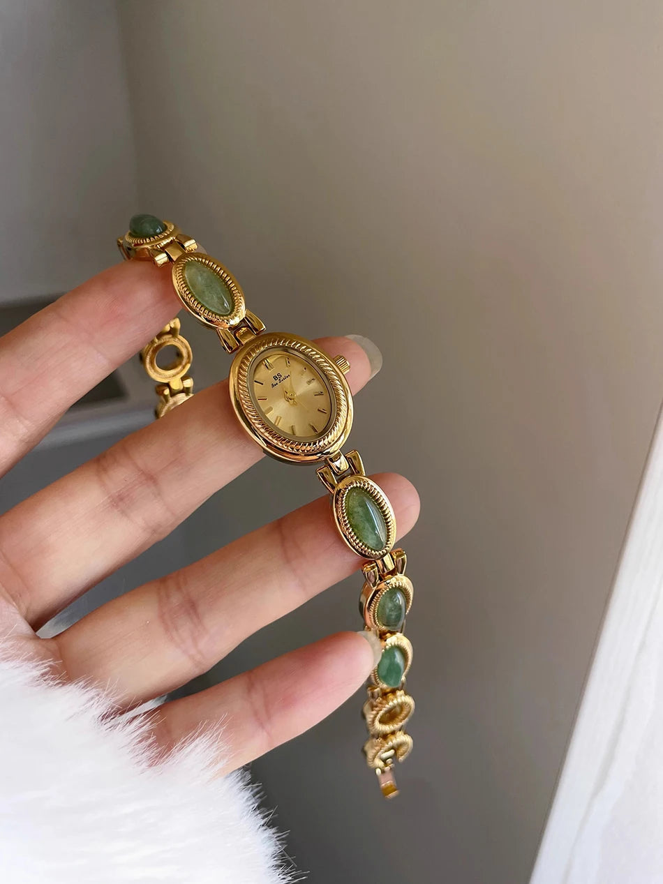 Natural Jade Bracelet Watch Gift Women,Ladies Watches Luxury High Quality Gold Quartz Watches, Elegant Women's Wristwatches