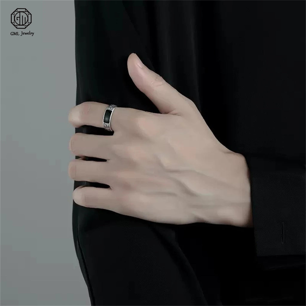 Black Onyx Dragon Pattern Ring Open Adjustable Band Intricate Cutout Design Vintage Gothic Jewelry Gift for Men Masculine