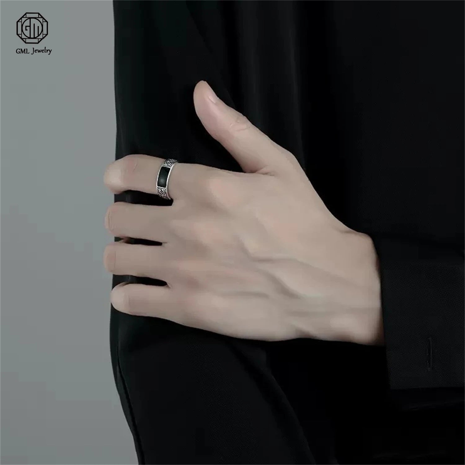 Black Onyx Dragon Pattern Ring Open Adjustable Band Intricate Cutout Design Vintage Gothic Jewelry Gift for Men Masculine