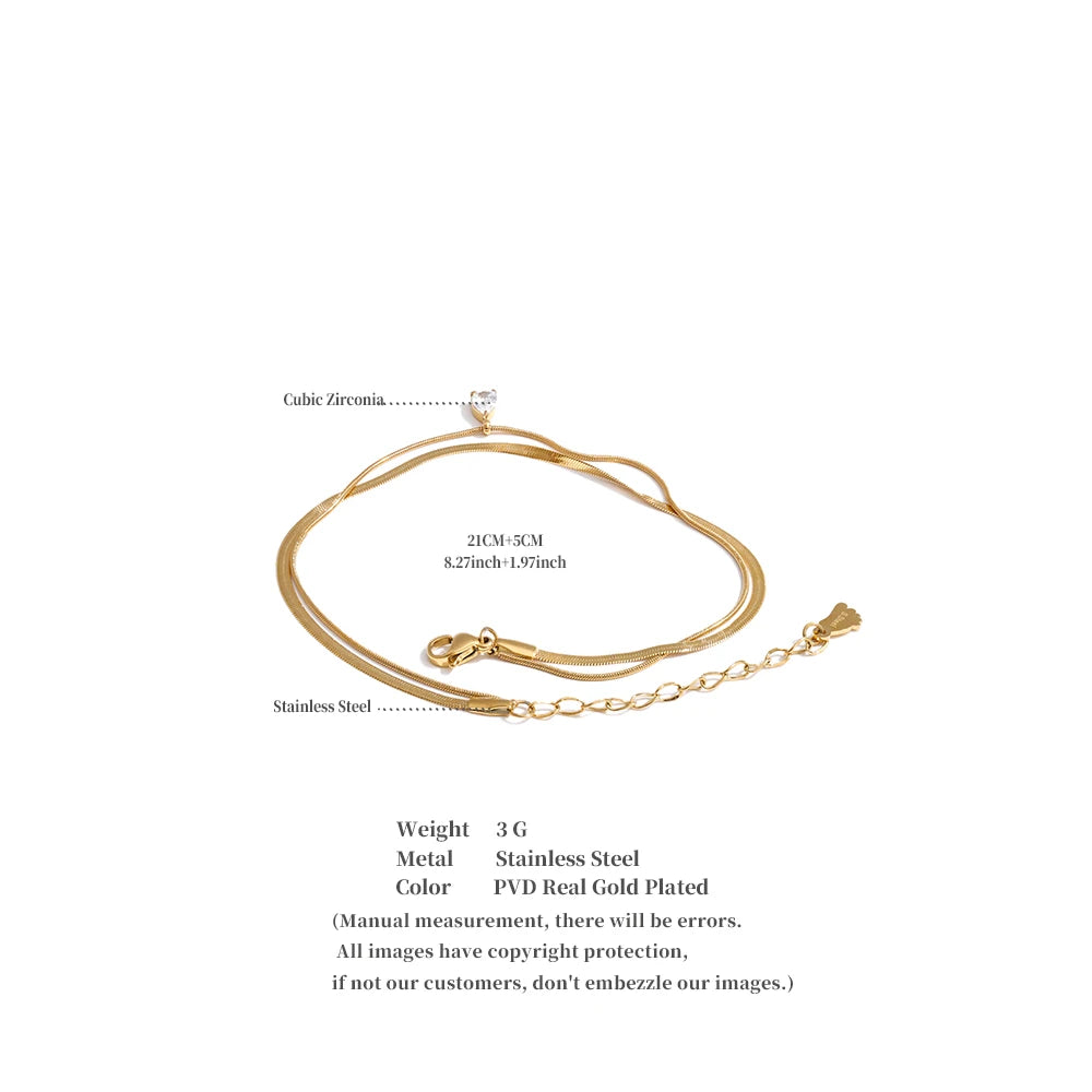 Yhpup Stainless Steel Zirconia Snake Chain Double Layer Anklet Exquisite Fashion Basic Casual Lightweight Jewelry Gift