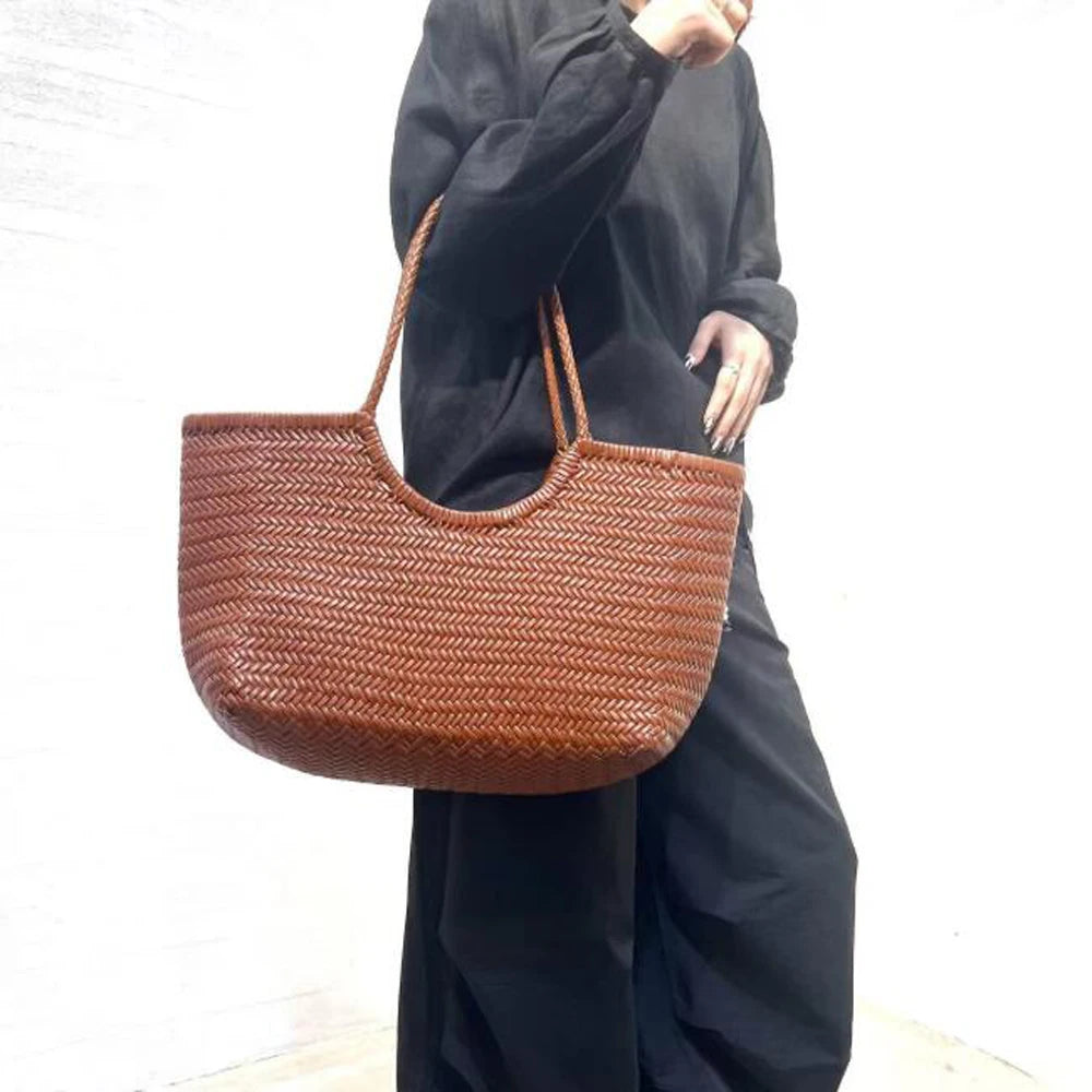 Fashion Leather Handbags Woman Cow Second Layer Split Leather Weave Shopping Bags Basket Tote Purse Handle Bags