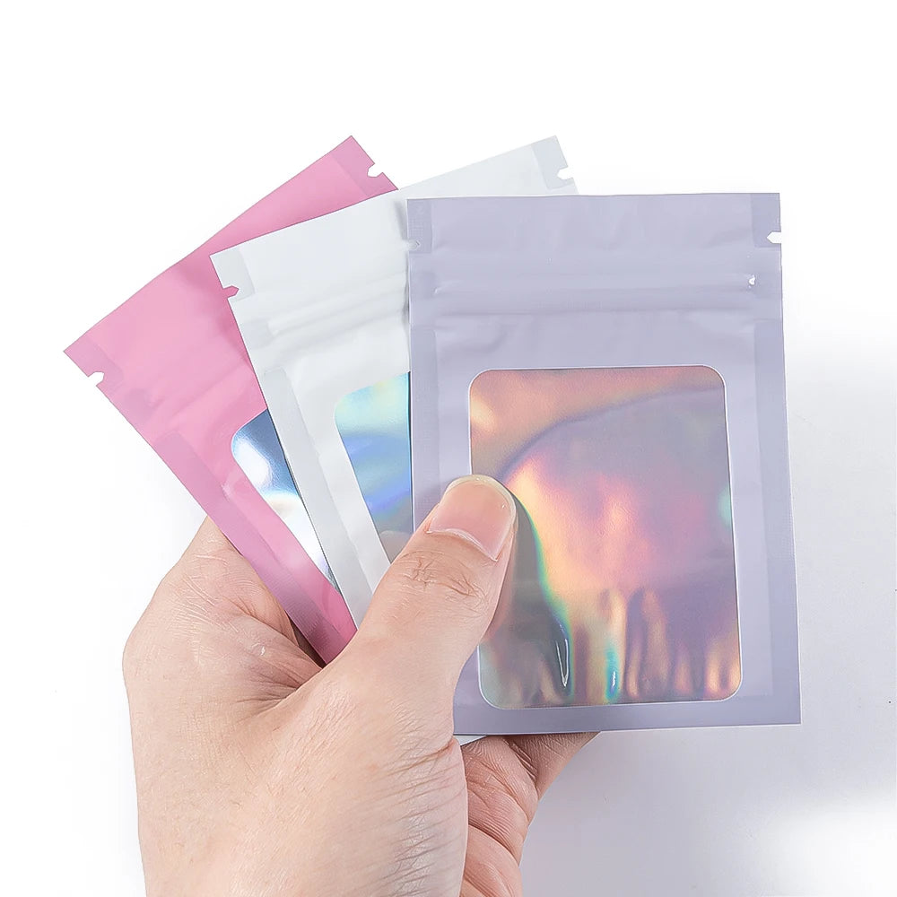 50Pcs Thick Smell Proof Mylar Bag Holographic Laser Color Plastic Packaging Pouch Jewelry Retail Storage Pouch Gift Zip Lock Bag