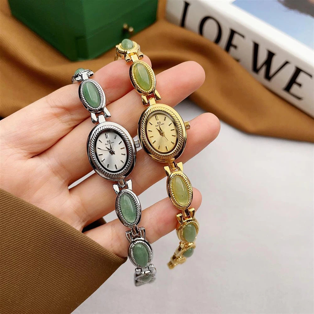 Women's Gold Watch Vintage Brown Jade Bracelet Small Dial Quartz Daily Wear Party Clock Luxury Waterproof Ladies Watches Gifts