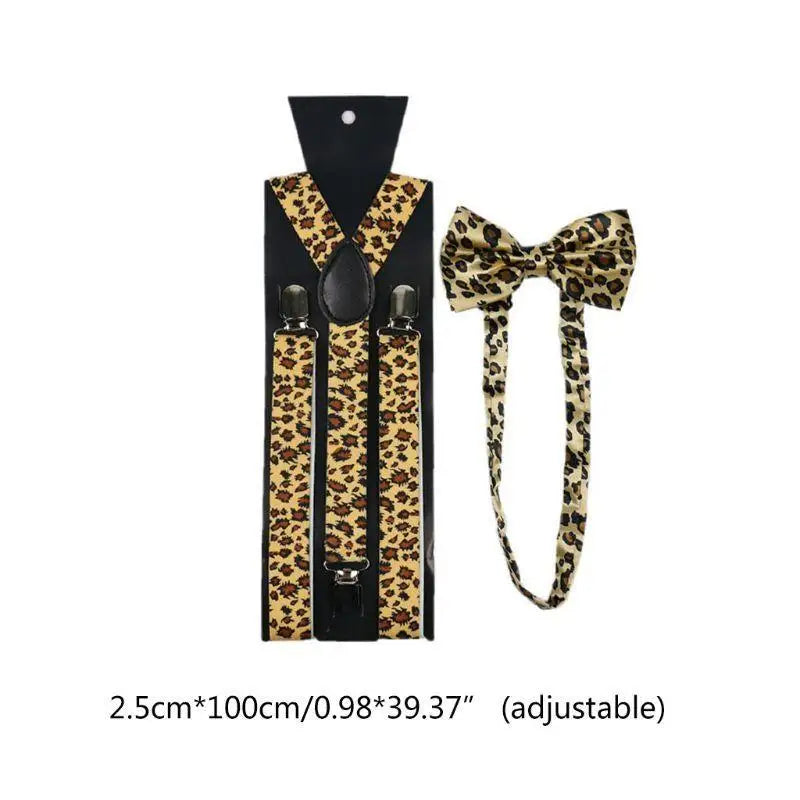 39BB Unisex Suspender Bow Tie Set Wide Leopard Print Adjustable 3 Clip-On Y-Back Belt
