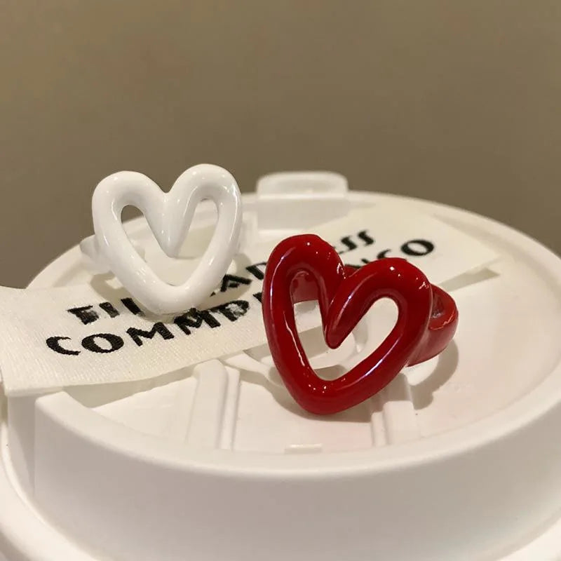 LATS White Red Enamel Heart Sweet Ring for Women Girls Trendy Geometric Dripping Oil Y2K Opening Rings Jewelry Gift Wholesale