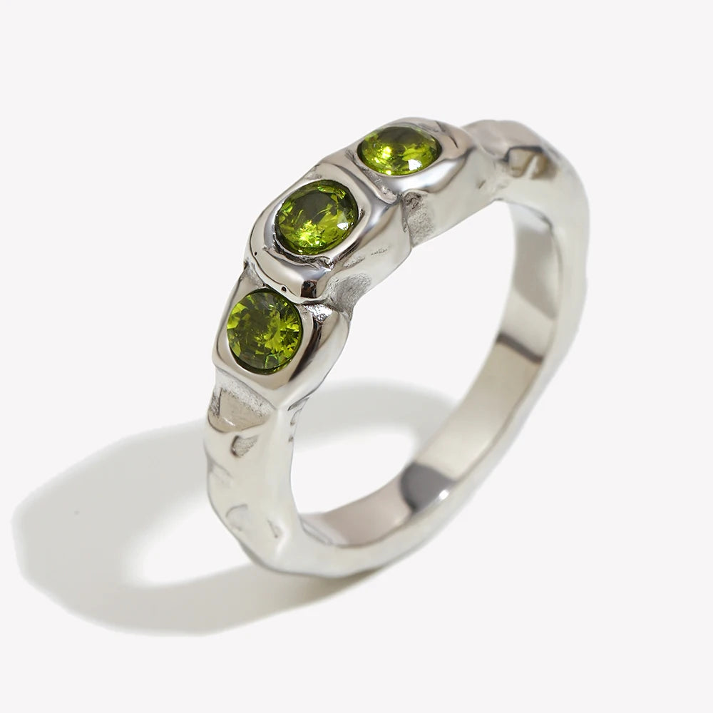 E.B.belle New Vintage Style Three Green Zircon Ring PVD Plated 316L Stainless Steel Simple Women Statement Finger Chic Jewelry