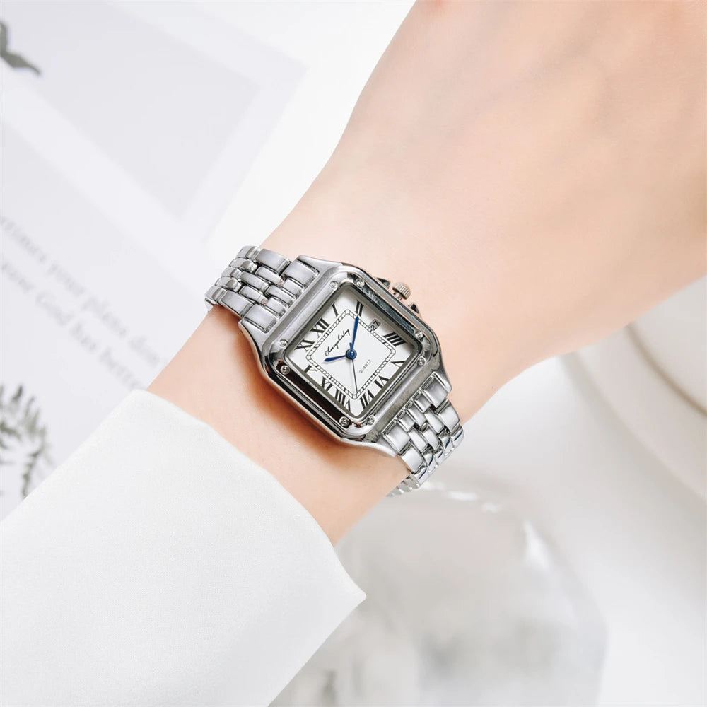 Luxury Branded Women Watches 2025 Simple Square Roman Calendar Women Quartz Watch Fashion Stainless Steel Strap Ladies Clock