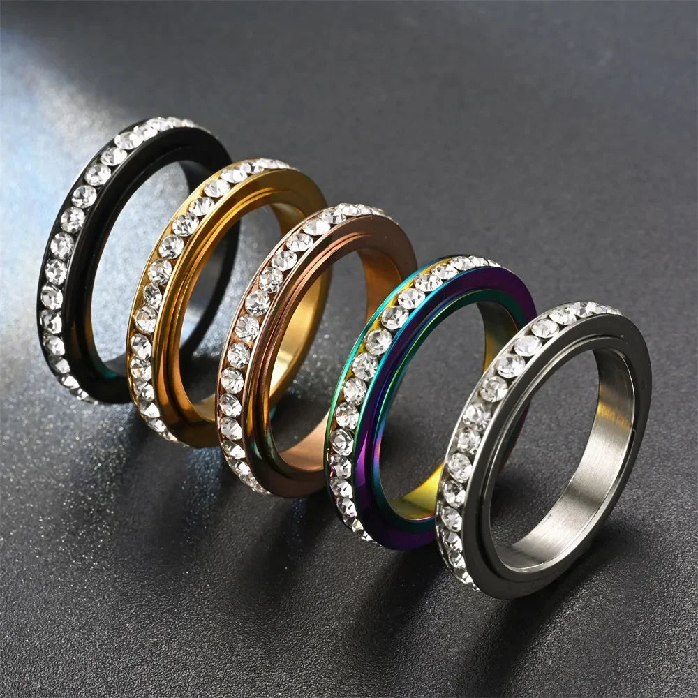 4MM Stainless Steel Spinner Finger Rings For Women Crystal Rotatable Wedding Ring Men Fashion Anniversary Party Jewelry