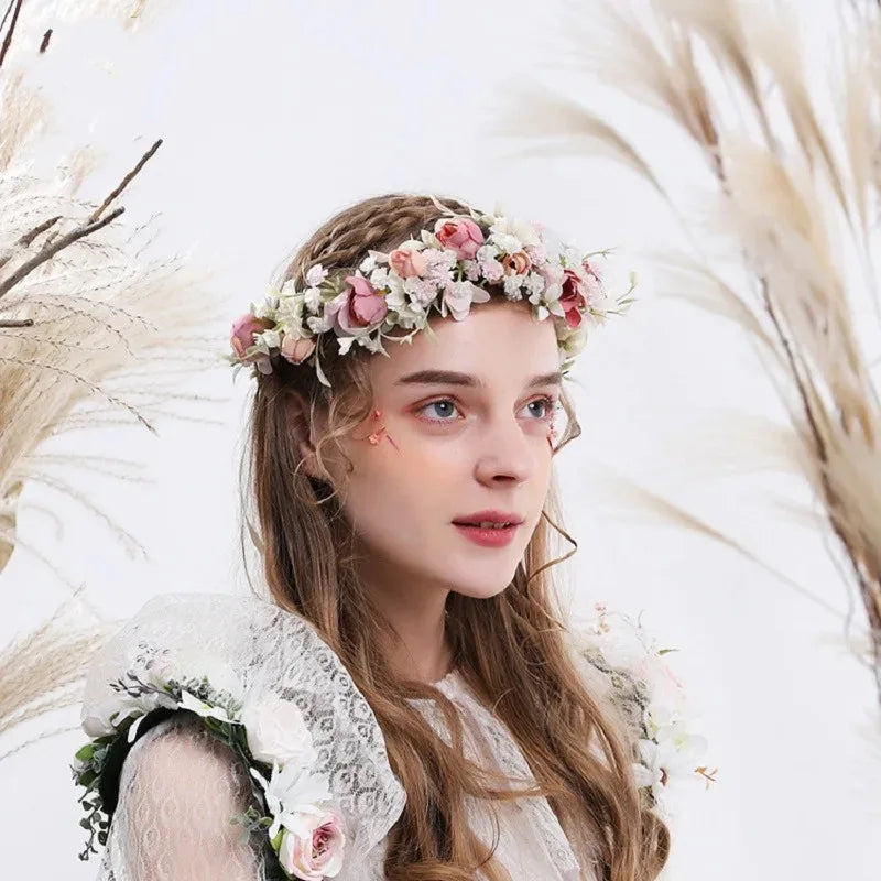 Flower Crown Wreath Bride Garland with Ribbon Communion Wreath Handmade Headband Headpiece Fairy Tiaras Wedding Hair Accessories