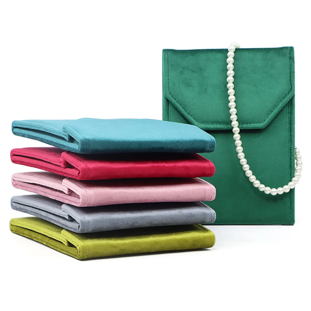 Velvet Jewelry Organizer Pouch Pearl Necklace Bag Portable Earring Ring Storage Bag Foldable Snap Button High-end Packaging Box