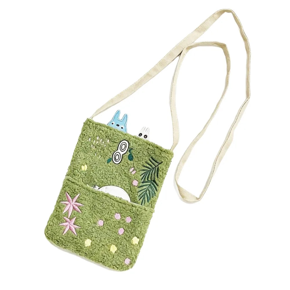 Lamb Wool Embroidered Lamb Bag Green Cartoon One-Shoulder Handbag Square Shape Foldable Mobile Phone Bag Casual Occasions