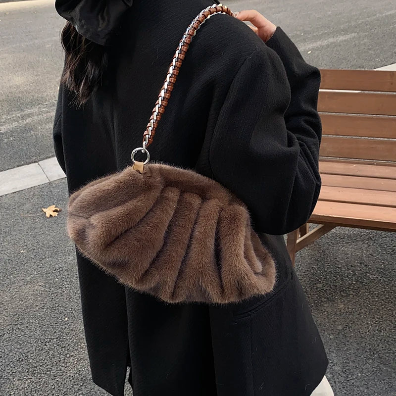 MOODS Pleated Design Faux Fur Shoulder Bags For Women 2024 Luxury Designer Purses And Handbags Winter Warm Soft Plush Hobo Bags