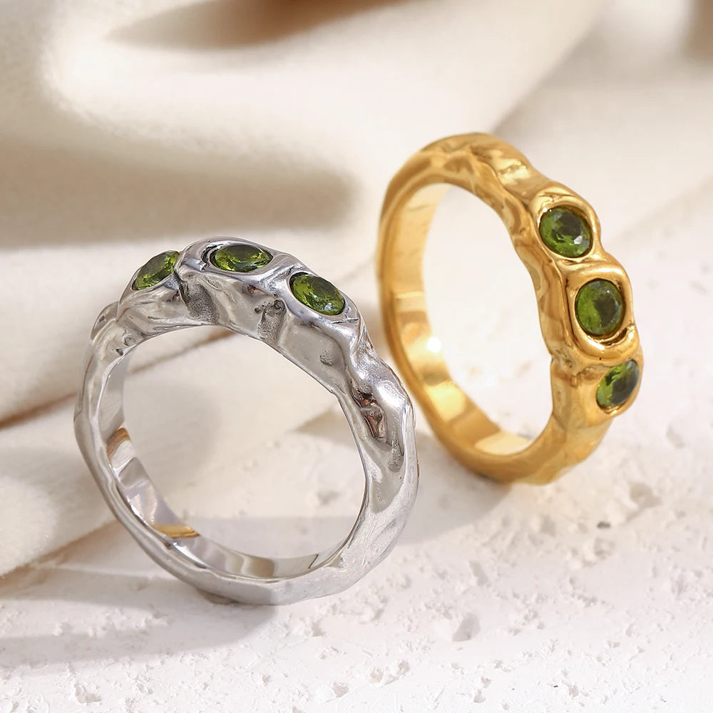 La. Muses Three Green Zircon Stainless Steel Women's Ring PVD Gold Plated Trendy Daily Jewelry Accessories Gift