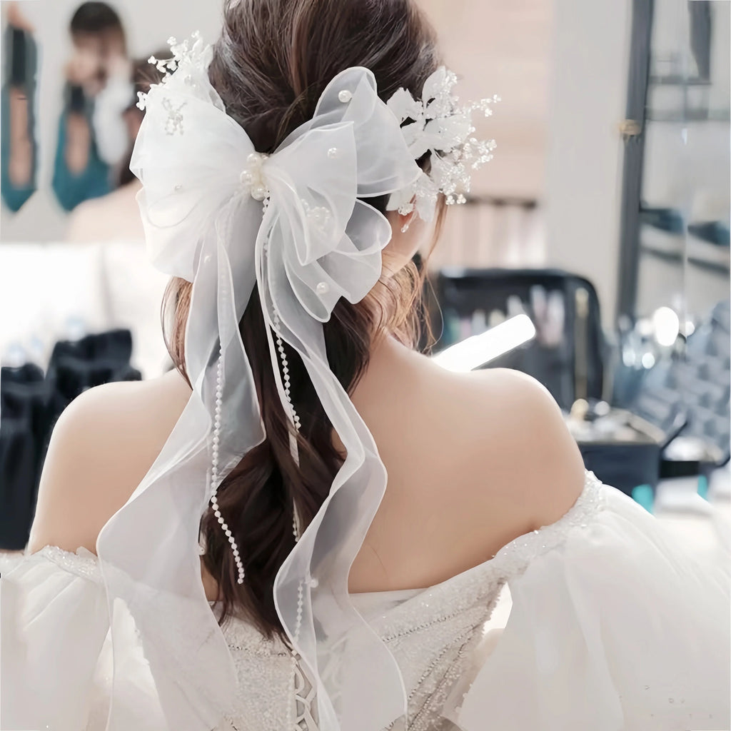 Long Ribbon Mesh Bow Women Hair Clips Elegant Pearls HairBands White Mesh Hairpins Wedding Party Bride Hair Accessories