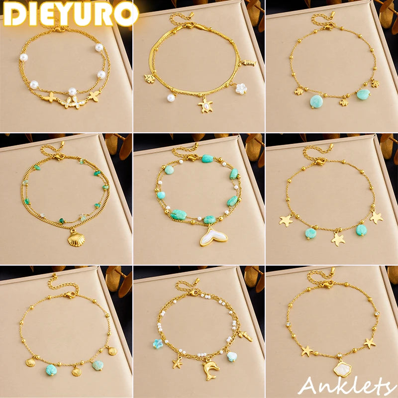 DIEYURO 316L Stainless Steel Sea Shell Starfish Pearl Ocean Series Anklets For Women Trend Foot Chains Anti-Rust Jewelry Gift