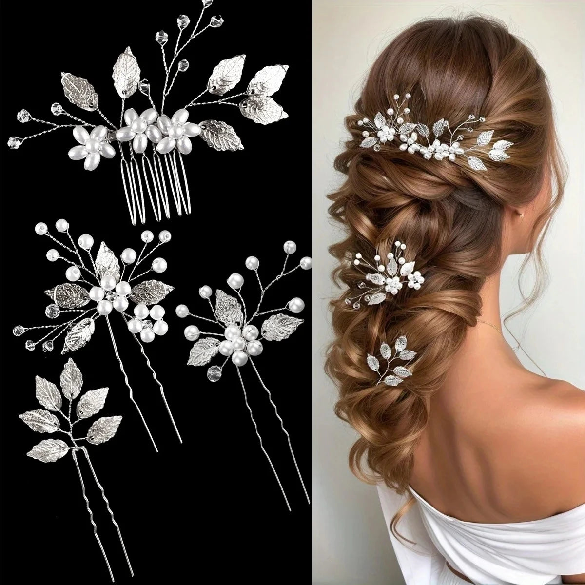 Pearl Hairpin With Side Comb Wedding Hair Accessories Golden Leaf Beads Flower Hair Clip U-shaped Alloy Headwear Fashion Jewelry