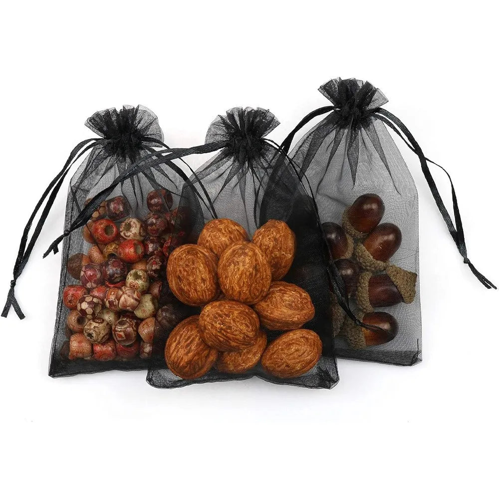 50Pcs 5x7 7x9 9x12cm Black Sheer Organza Drawstring Gift Bags For Wedding Birthday Party Favor Pouches Jewelry Display Packaging