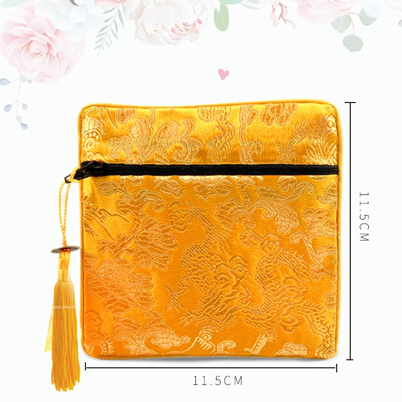 Chinese Brocade Jewelry Bag Handmade Silk Embroidery Tassel Zipper Satin Gift Bag Jewelry Packaging Pouches Coin Purse Wholesale