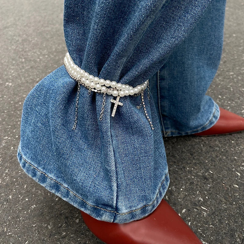 Pearl Cross Tassel Beaded Pants Ankle Chain For Women Foot Chains Jeans Jewelry Trouser Leg Decorative Clothing Accessories