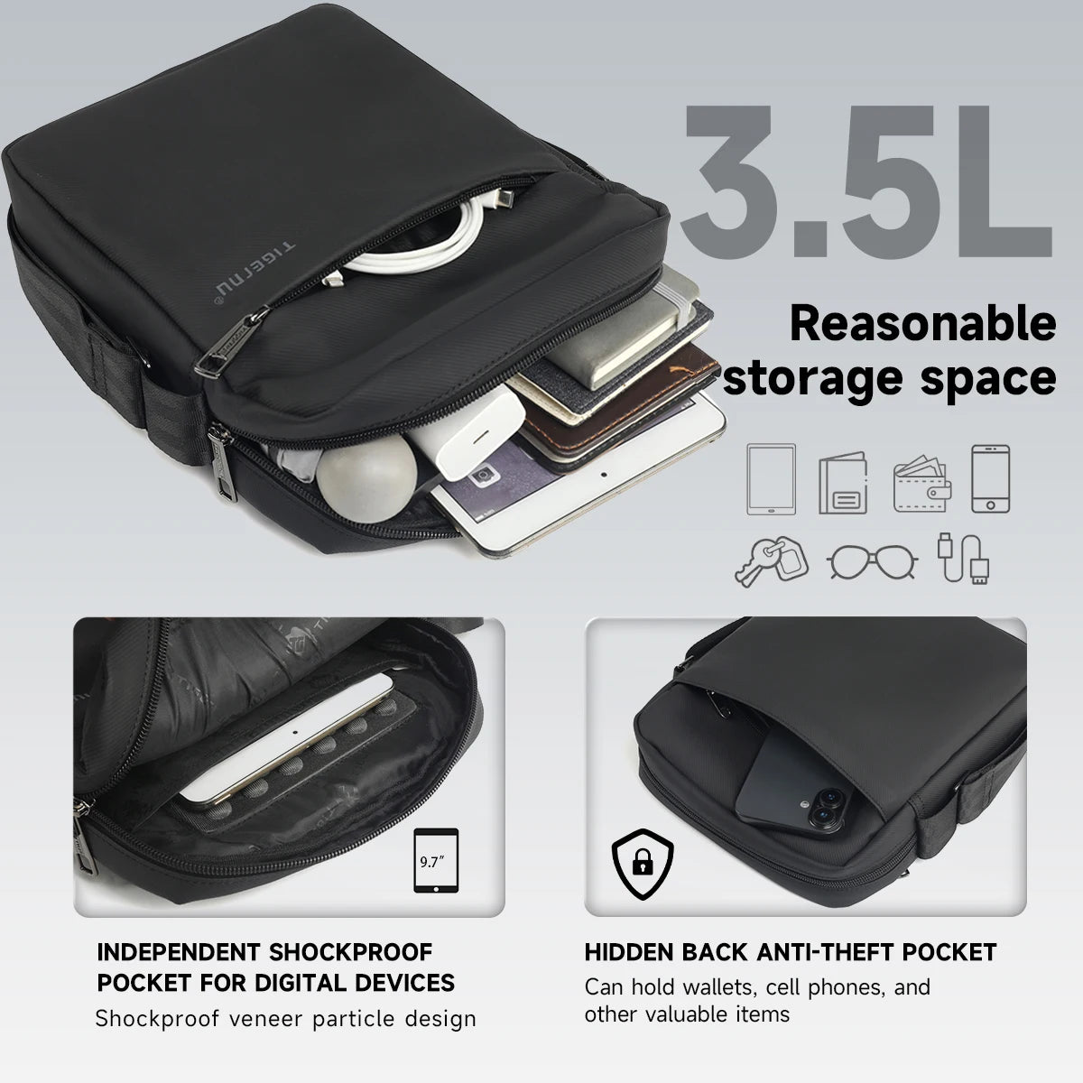 Tigernu Men Messenger Bags Waterproof Shoulder Bags For Men 9.7 11inch IPad Bag Male Business Bags Crossbody Bag Slingbag Mini
