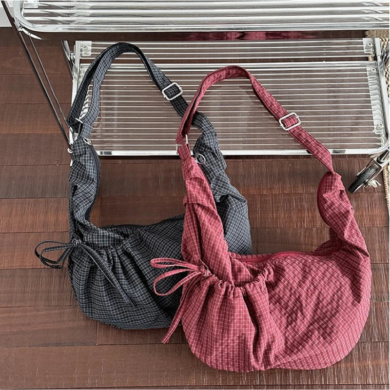 Retro Plaid Hobos Shoulder Bags for Women Drawstring Pocket Nylon Dumpling Bag Large Capacity Portable Travel Messenger Bag