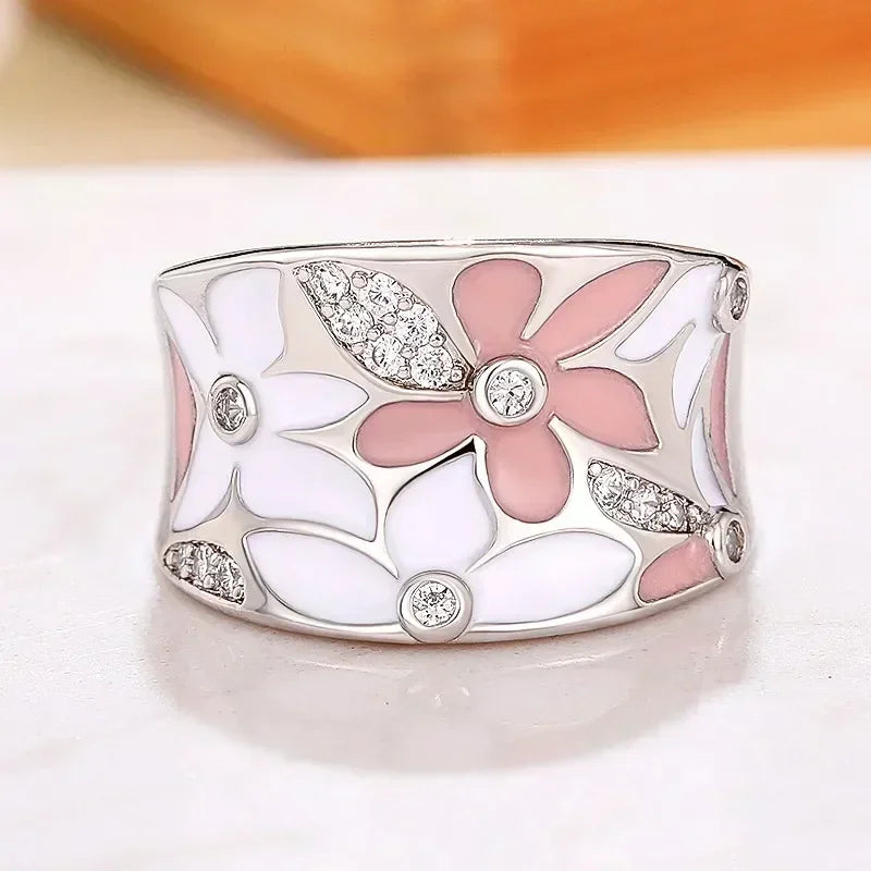2026 Women's Wedding Party Beautiful Enamel Flower Ring New Silver European and American Style Luxury Zircon Jewelry Gift
